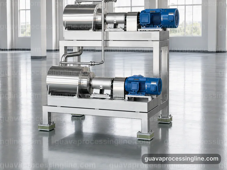 industrial guava puree processing line, process scope and configuration: pulping with staged seed refinement section connection view