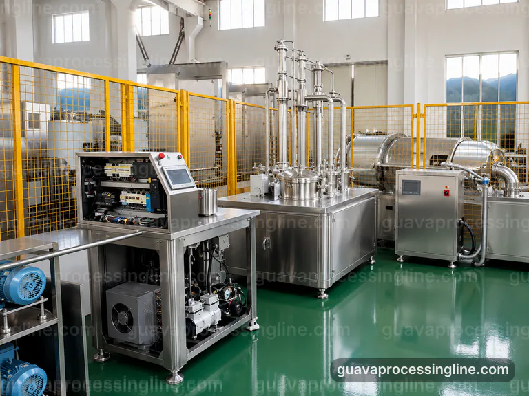 industrial guava puree processing line, hygienic design: pulping with staged seed refinement section connection view