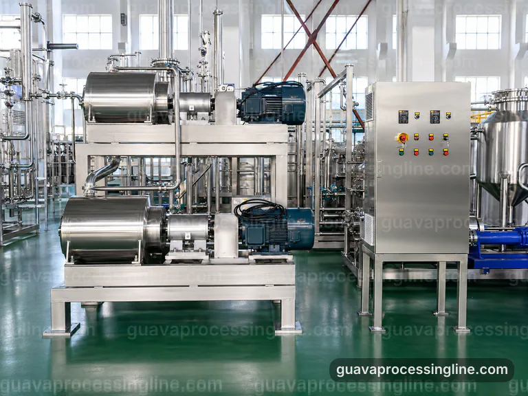 industrial guava puree processing line, installation and maintenance: pulping with staged seed refinement section connection view