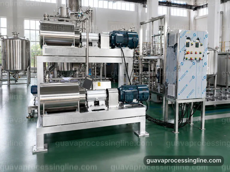 industrial guava puree processing line, applied process engineering: pulping with staged seed refinement section connection view