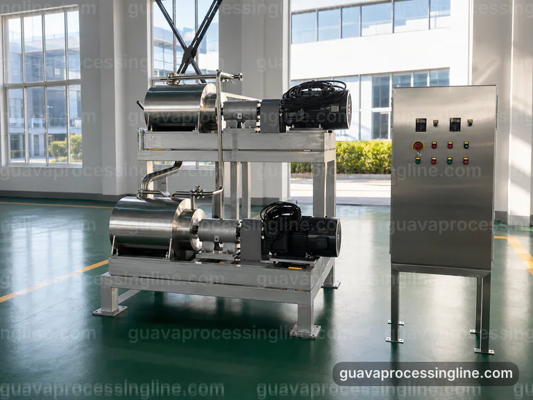 industrial guava puree processing line, feed and output handling: pulping with staged seed refinement section connection view