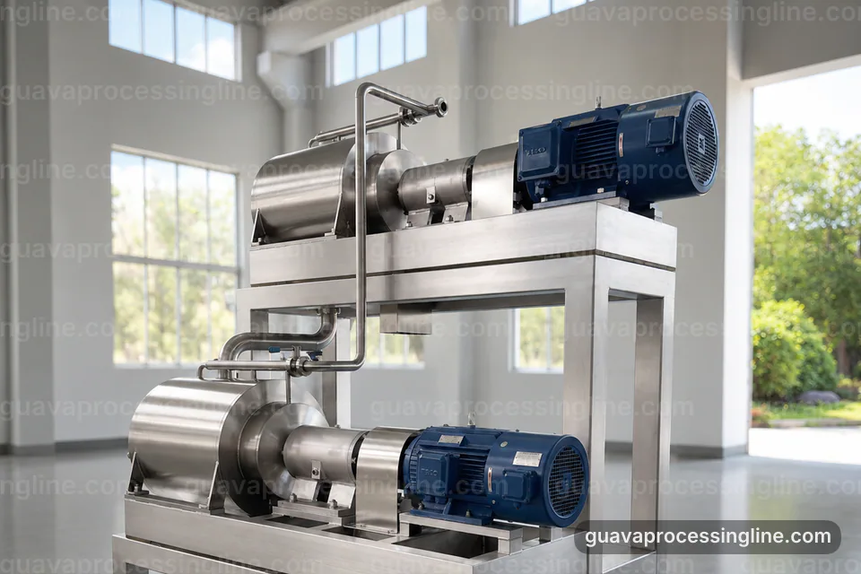 industrial guava puree processing line, process sequence: pulping with staged seed refinement section operating stage