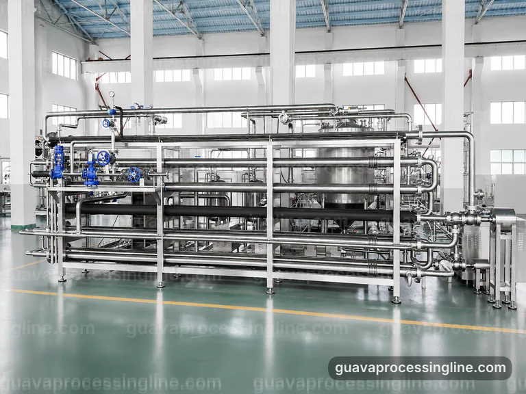 industrial guava puree processing line, performance troubleshooting: staged guava refiner connection view